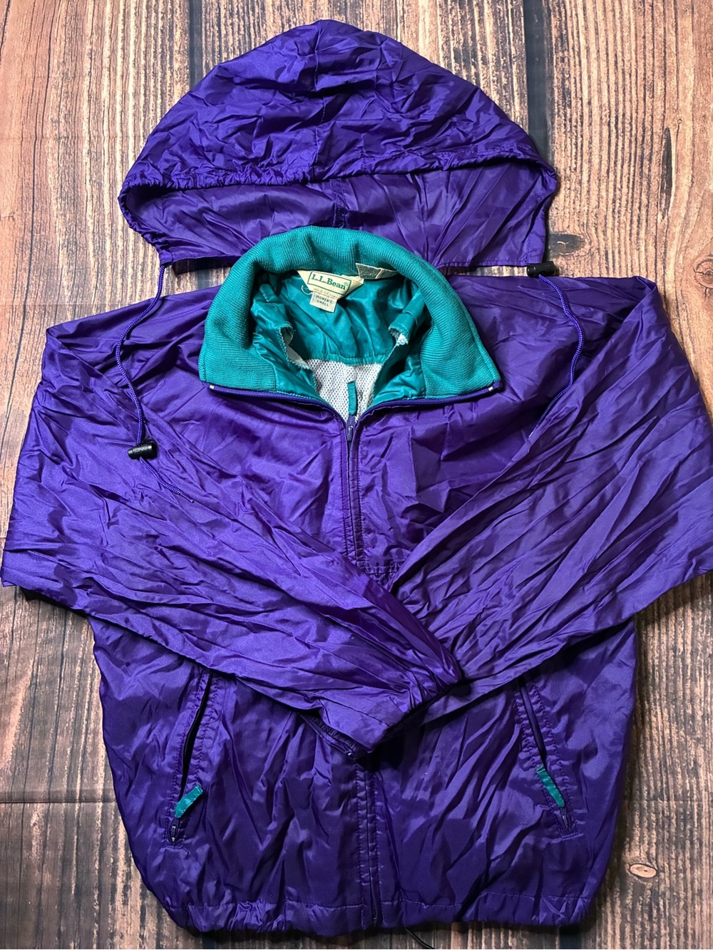 L.L. Bean Purple Kids' Hooded Rain Jacket with Teal Accents